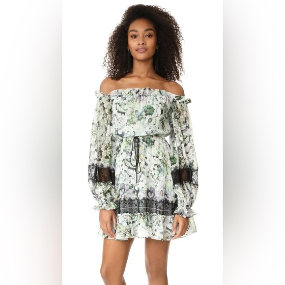 NICHOLAS Silk Evergreen Floral Dress Off the Shoulder Bell Sleeves Whimsigoth - Picture 3 of 16